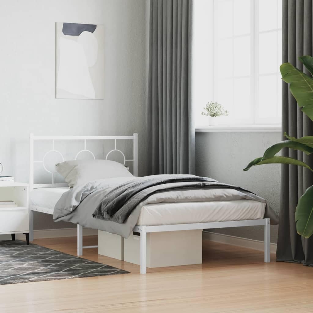 vidaXL White Steel Single Bed Frame with Headboard - Industrial Style, 39.4"x78.7" Mattress Compatible, Bedroom Platform Bed