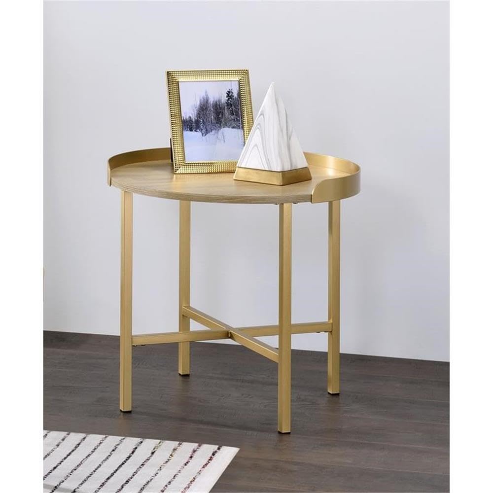 Acme Mithea Round Wooden Top End Table with Cross Bar Base in Oak and Gold