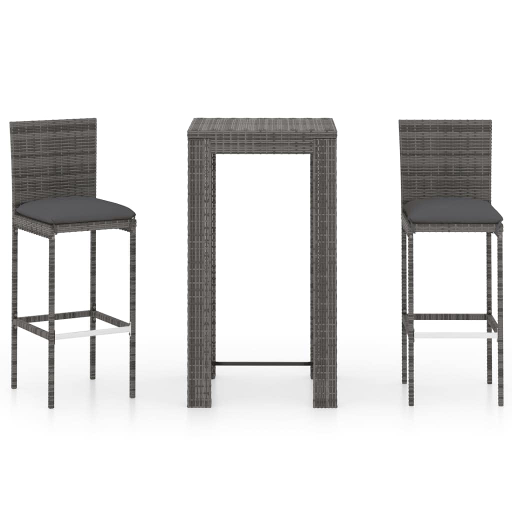 vidaXL Patio Bar Set 3 Piece, Bistro Set for Outdoor Porch Yard, Bar Stool with Cushions, Bistro Table, Farmhouse Modern Style, Poly Rattan Gray