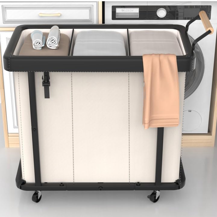 60 Gal (230L) Laundry Hamper 3 Section with Lid, Leather Patchwork Laundry Sorter with Rolling Lockable Wheels and Handle, Laund