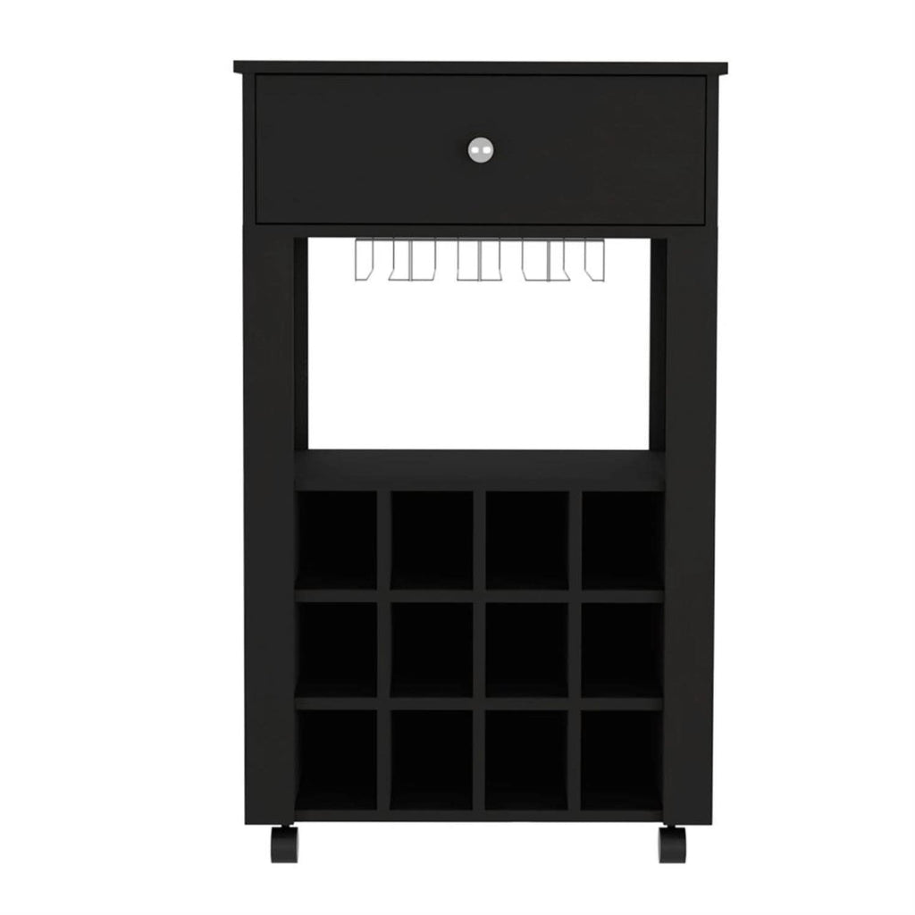 Margh Bar Cart, 12 Wine Cubbies, Drawer, Glass Rack, Caster Wheels, Black
