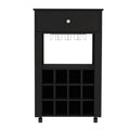 Margh Bar Cart, 12 Wine Cubbies, Drawer, Glass Rack, Caster Wheels, Black