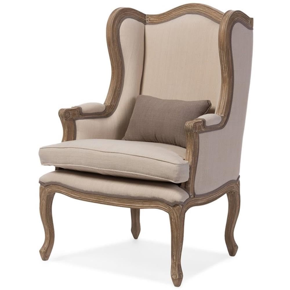 Baxton Studio Oreille French Provincial Style White Wash Distressed Twotone Upholstered Armchair, Beige