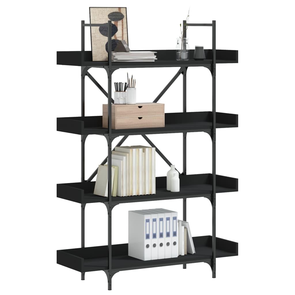 vidaXL 4-Tier Black Bookcase: Durable Engineered Wood and Metal Frame - Adjustable Feet Ideal for Home, Office or Library