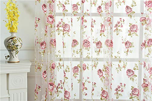 Kolachic Rod Pocket Top Rose Floral Sheer Voile Curtain, Pink Flower Tulle Transparent Window Treatment For Living Room Bedroom
