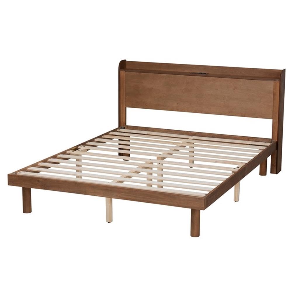 Baxton Studio Decker Mid-Century Modern Transitional Walnut Brown Finished Wood Queen Size Platform Bed with Charging Station