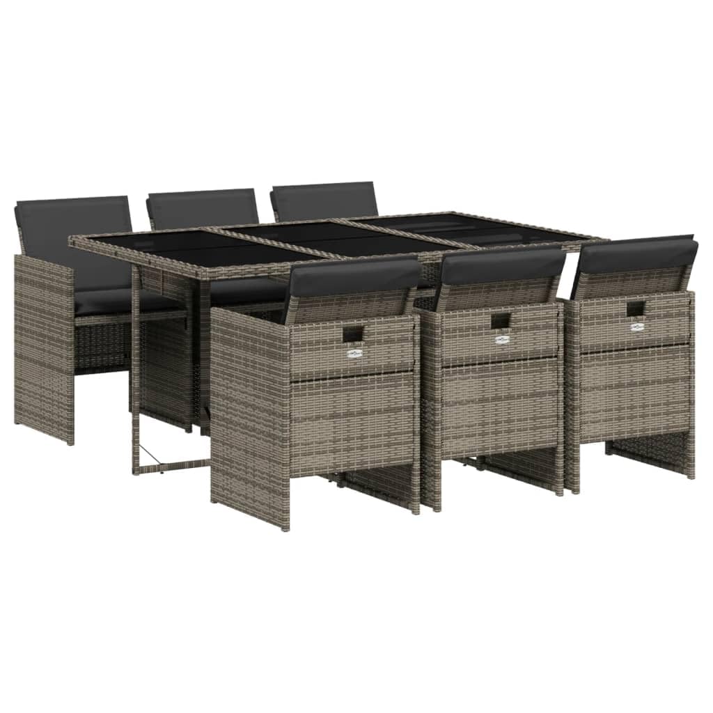 vidaXL Patio Dining Set with Cushions - 7 Piece Gray Poly Rattan Outdoor Furniture for Garden, Backyard, Patio - Foldable Chairs, Tempered Glass Tabletop, Space-Saving Design