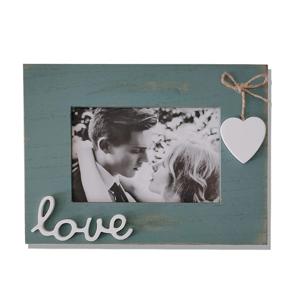 Simelecor 4x6 Love Picture Frame Horizontal Blue with Heart for Table Top and Wall Mounting-Distressed Wooden Photo Frame HD Gla