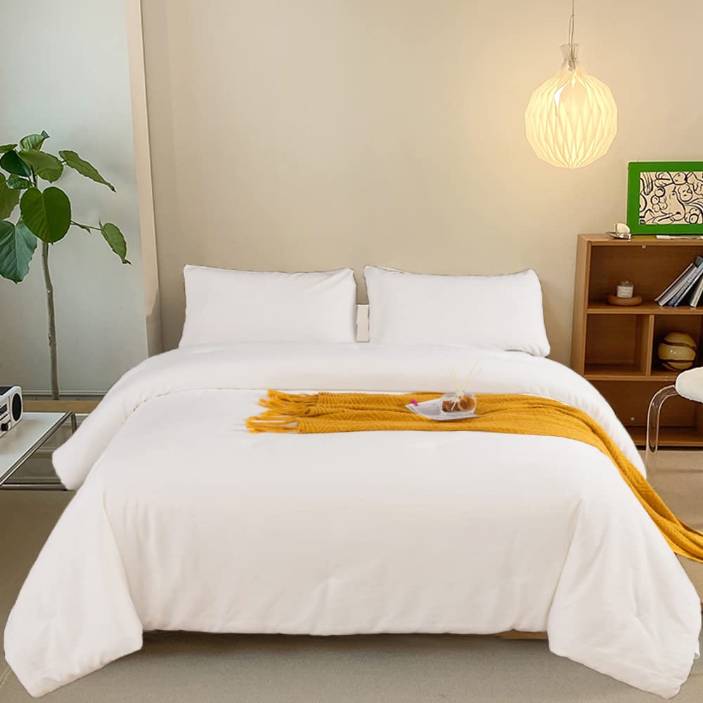 Clothknow White Fluffy Comforter Set Queen White Velvet Bedding Comforter Sets Full Flannel Comforter Women Men Comforter Soft Faux Fur Bed Bedding 3Pcs White Queen Bed Comforter Sets