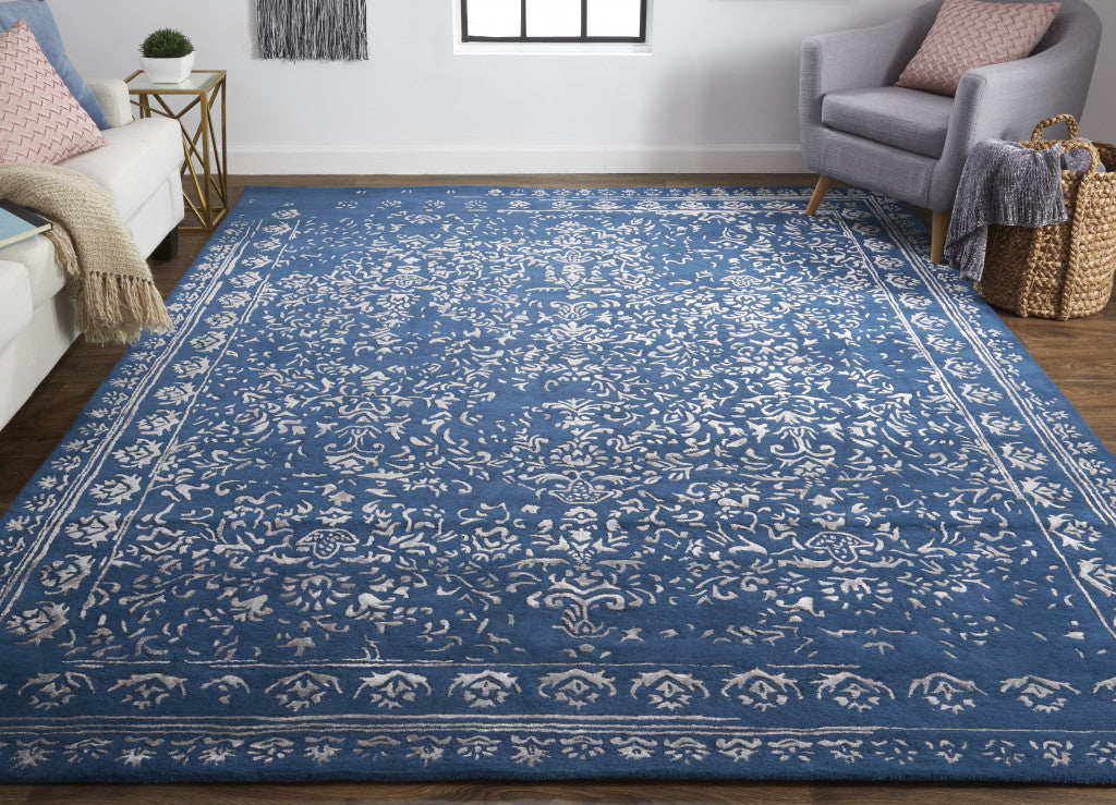 HomeRoots 512522 8 x 10 ft. Blue & Silver Wool Floral Hand Tufted Handmade Distressed Rectangle Area Rug