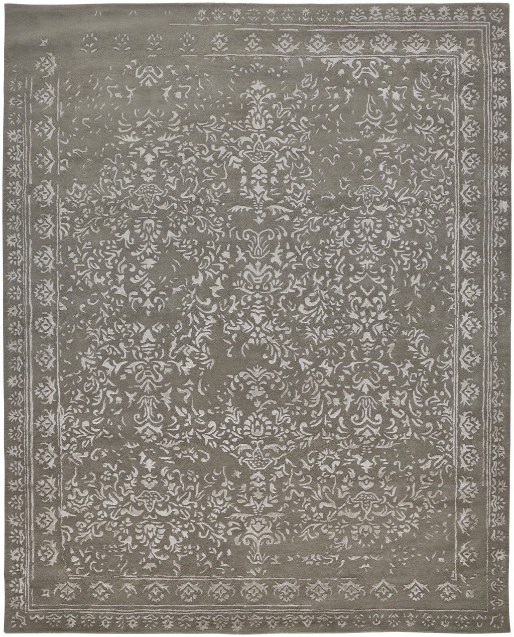 HomeRoots 512529 9 x 12 ft. Gray Taupe & Silver Wool Floral Hand Tufted Handmade Distressed Rectangle Area Rug