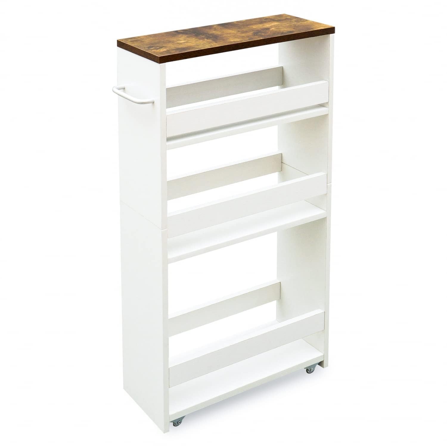 Teamix 4 Tier White Slim Storage Cart With Handle, Slide Out Storage Rolling Utility Cart Mobile Shelving Unit Organizer Trolley For Small Spaces Kitchen Laundry Narrow Places
