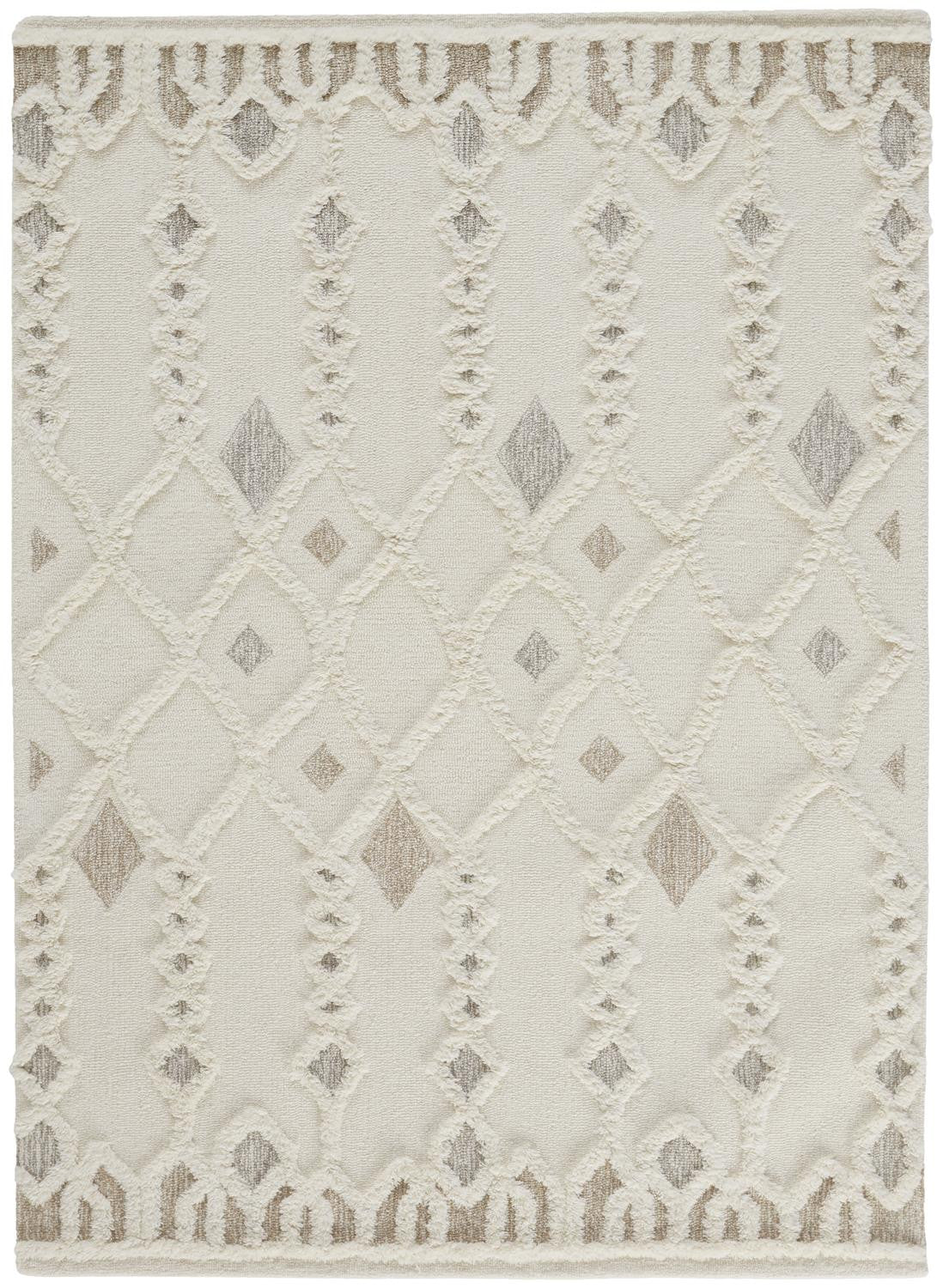 HomeRoots 512804 8 x 10 ft. Ivory Tan & Silver Wool Geometric Hand Tufted Handmade Stain Resistant Rectangle Area Rug