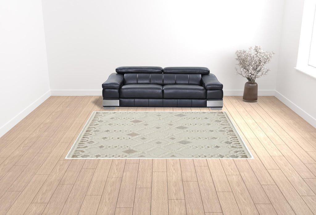 HomeRoots 512805 9 x 12 ft. Ivory Tan & Silver Wool Geometric Hand Tufted Handmade Stain Resistant Rectangle Area Rug