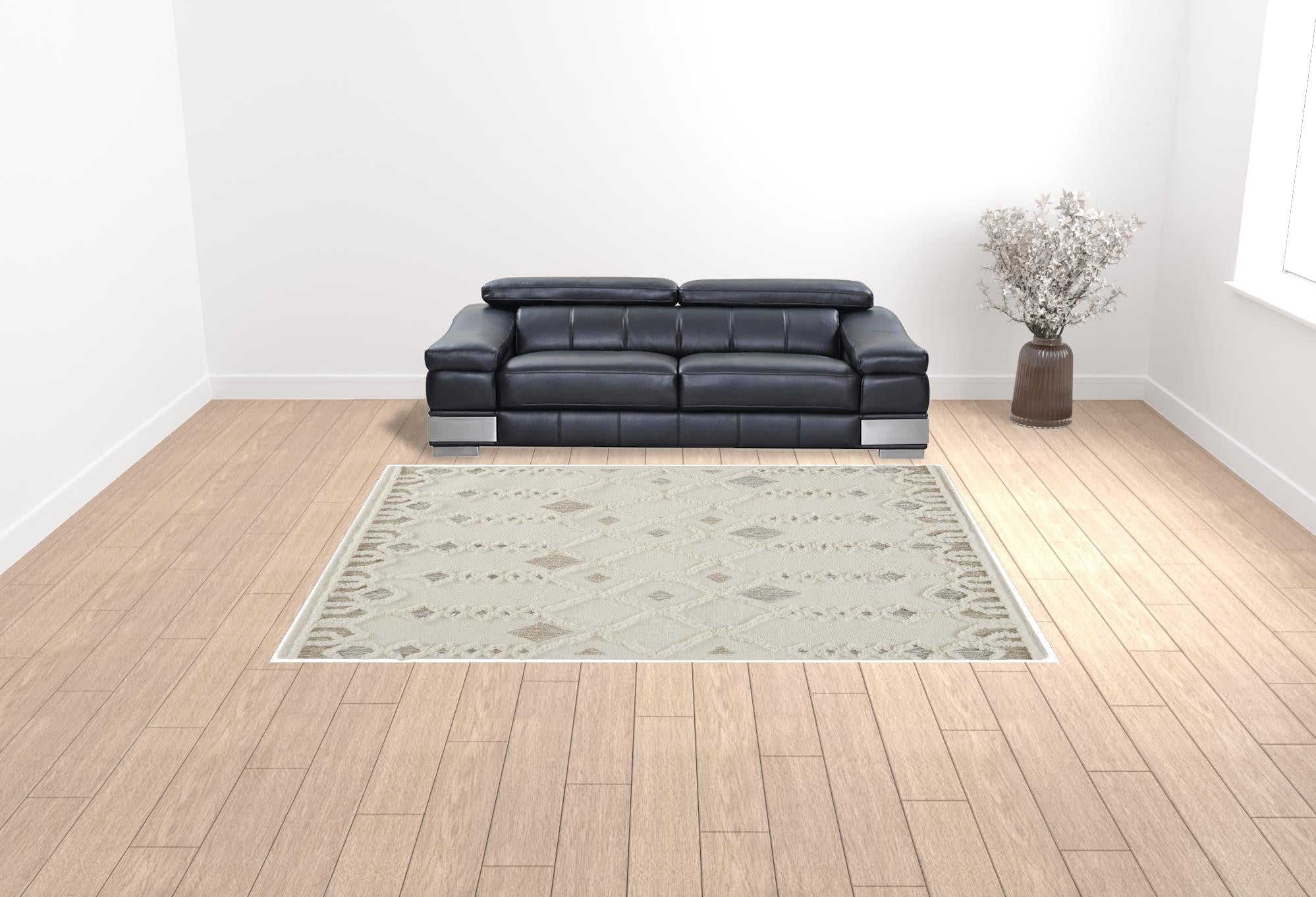 HomeRoots 512805 9 x 12 ft. Ivory Tan & Silver Wool Geometric Hand Tufted Handmade Stain Resistant Rectangle Area Rug