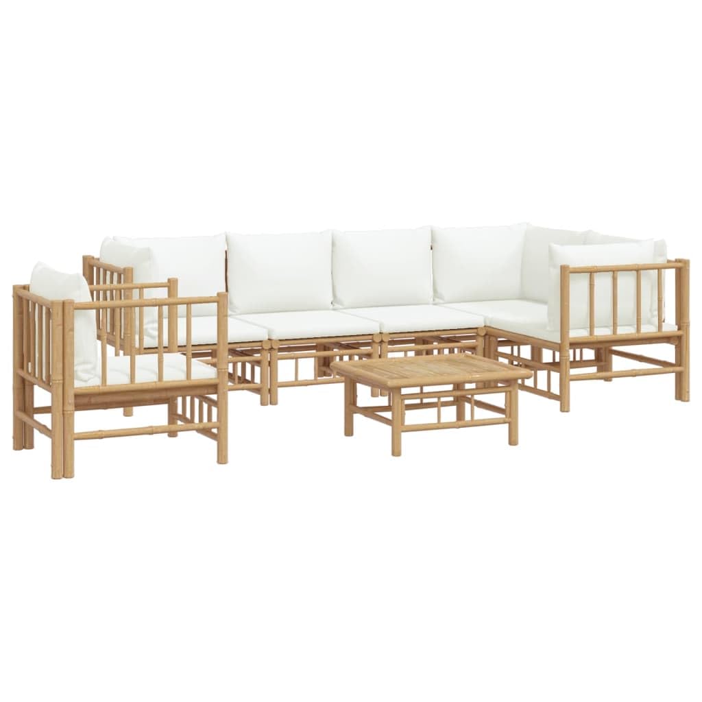 vidaXL Bamboo Outdoor Patio Lounge Set, 7 Piece - Cream White Cushions - Flexible and Strong - Modular Design- Suitable for Gard