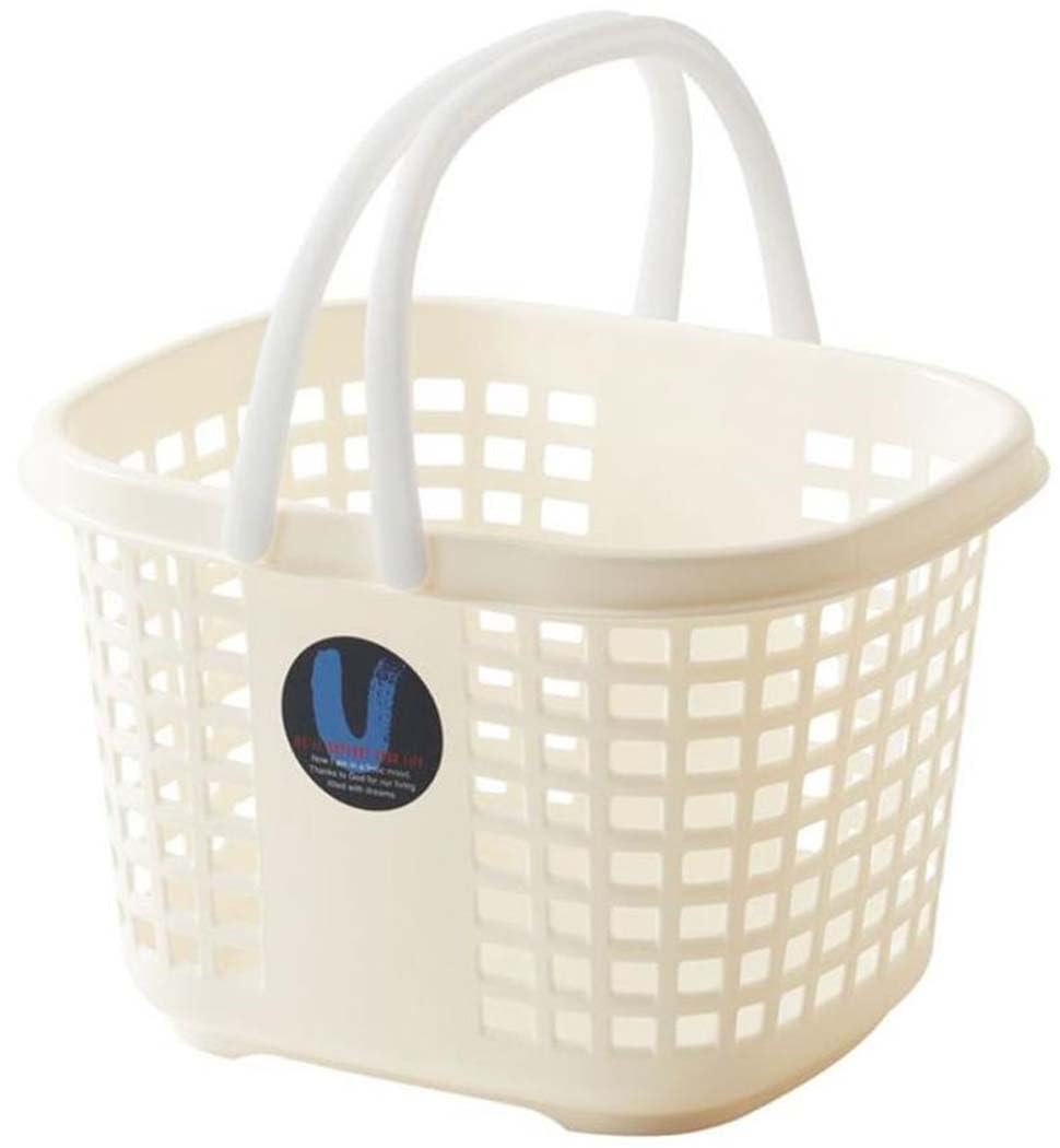 Fudogiken U U Basket Ivory with Handle, Storage for Small Items, Convenient for Laundry, Width 14.1 x Depth 11.6 x Height 8.8 in