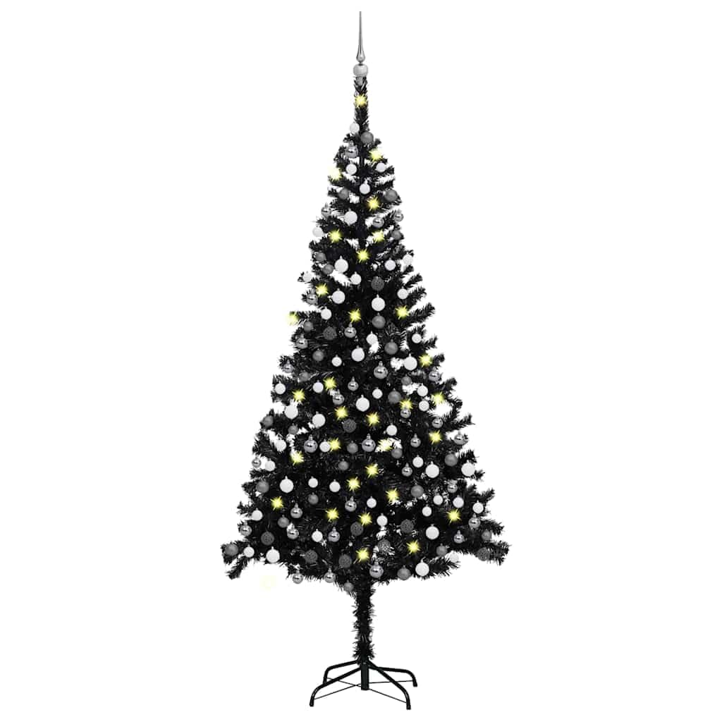 Vidaxl Pvc Artificial Christmas Tree With Led Lights & Ball Set  94.5 Inch  Height, 47.2 Inch  Diameter  Usb Powered  Black & Gray Deco