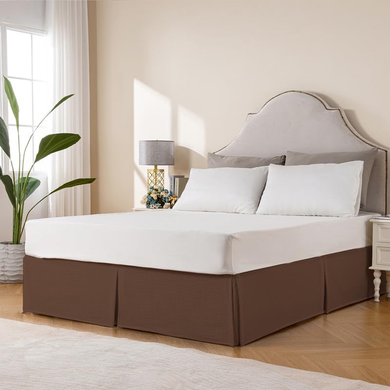 Miye Pleated Waffle Weave Bed Skirt, Tailored Dust Ruffle 18 Inch Drop Easy Fit, Machine Washable (Brown, Queen - 18'' Drop)