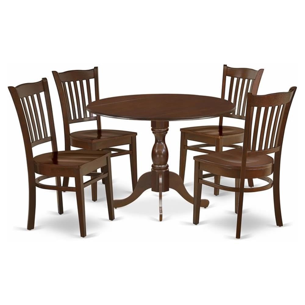 East West Furniture DMGR5-MAH-W 5 Piece Dining Room Table Set Includes a Round Kitchen Table with Dropleaf and 4 Dining Chairs, 