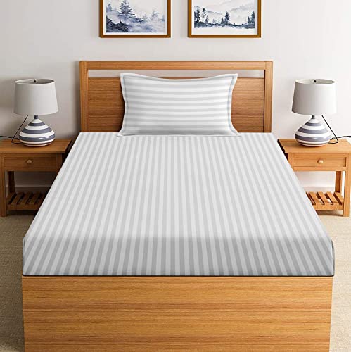 NEW LEAF Cotton 240 Thread Count Egyptian Solid Striped Single/Coat Size Bed Flat Bed Sheets, 2 Pillow Cover (White Stripe)
