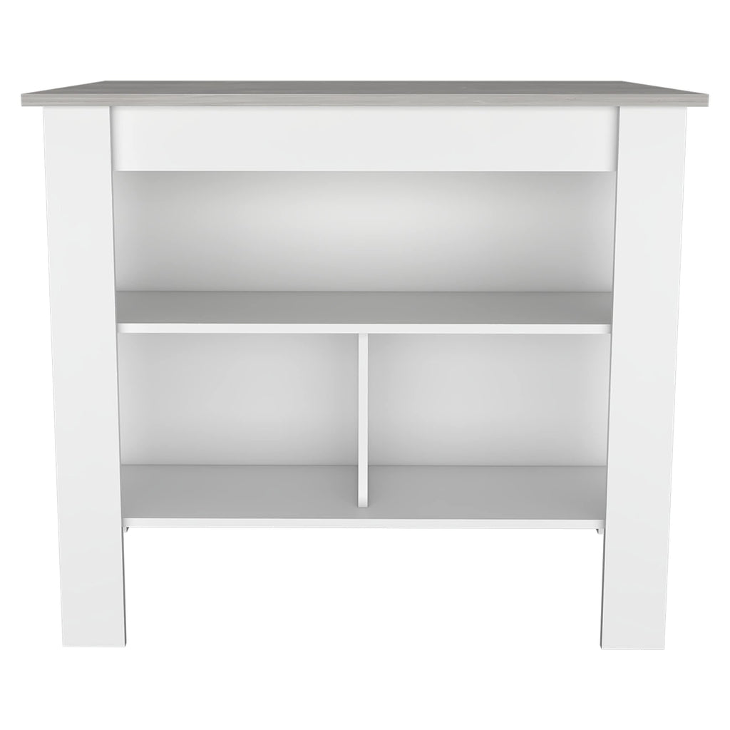 Kitchen Island, Kitchen Table 35" H, 4 Legs, 3 Open Storage Shelves, White/Ibiza Marble