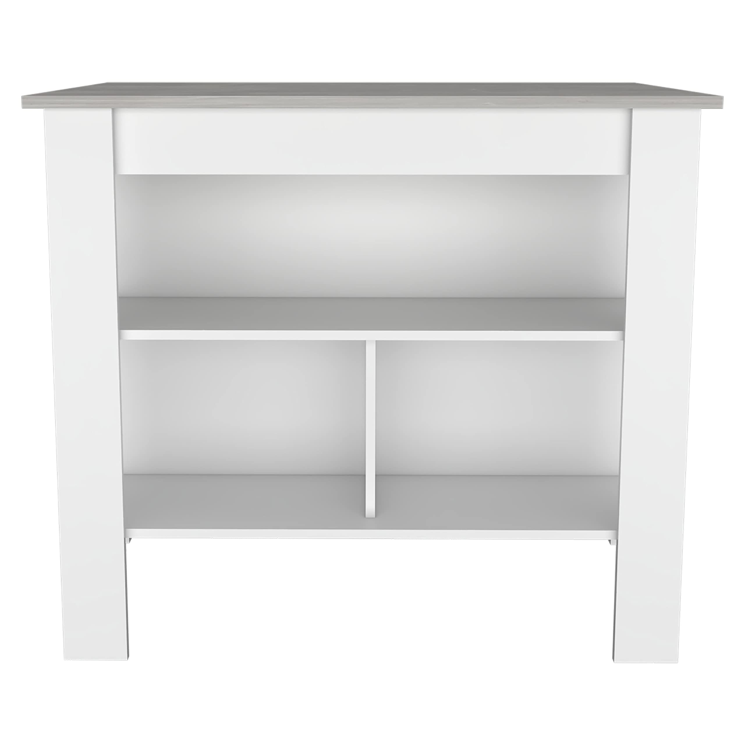 Kitchen Island, Kitchen Table 35" H, 4 Legs, 3 Open Storage Shelves, White/Ibiza Marble