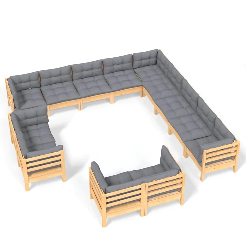 vidaXL Solid Pinewood Patio Lounge Set 13 Piece with Gray Cushions Garden Outdoor Lawn Yard Terrace Balcony Wooden Seat Seating Furniture