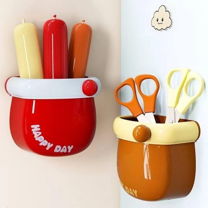 Happy Day Magnetic Wall Mounted Storage Box, Cute Organiser for Stationery, Kitchen, Bedside and Entrance Door, 9.6x9.4x6.3 cm