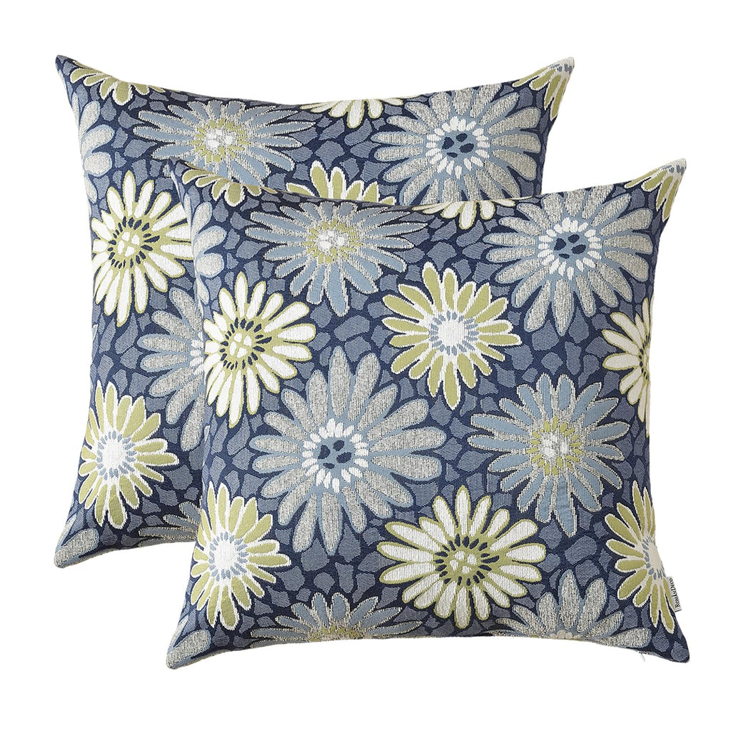 Romandeco Jacquard Floral Decorative Throw Pillow Covers For Couch Set Of 2, 18X18 Inches, Navy Blue