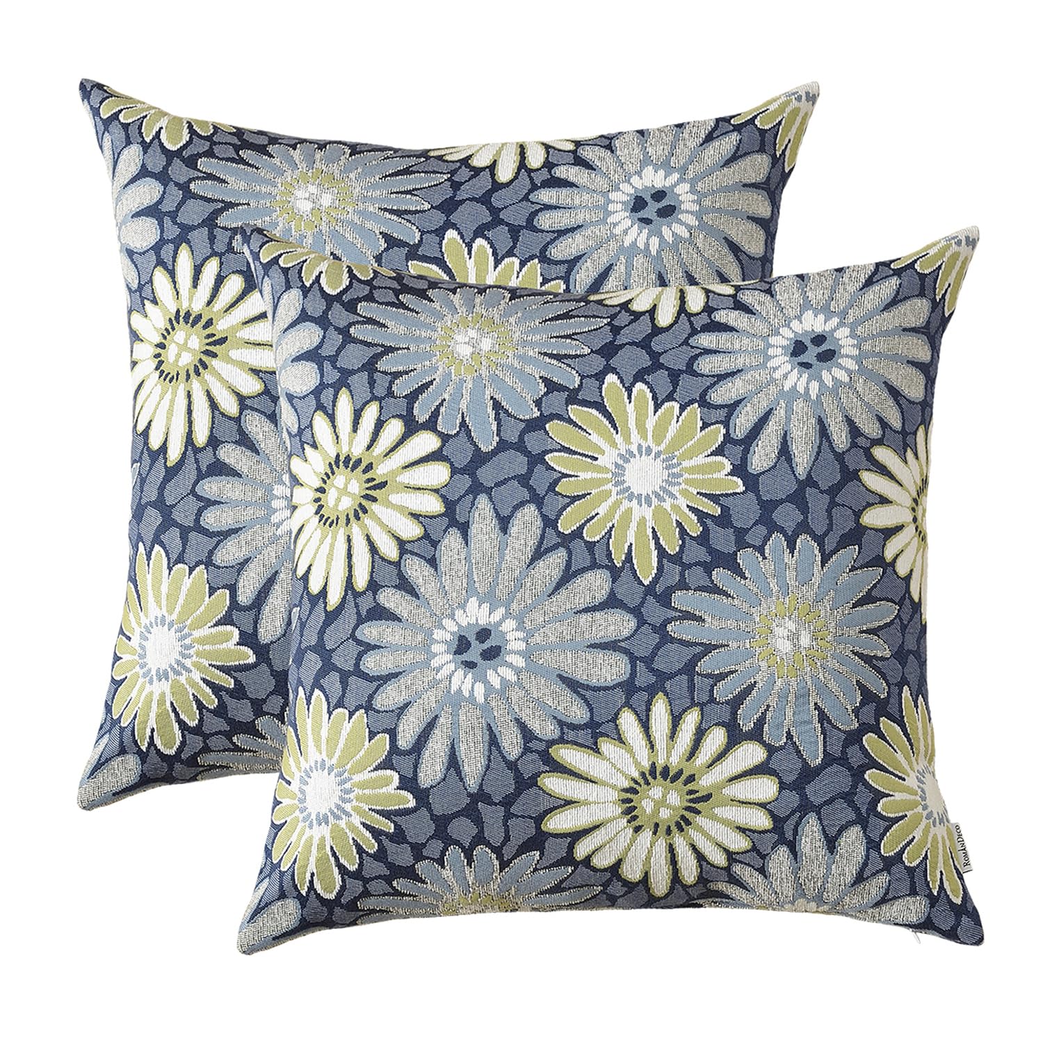 Romandeco Jacquard Floral Decorative Throw Pillow Covers For Couch Set Of 2, 18X18 Inches, Navy Blue