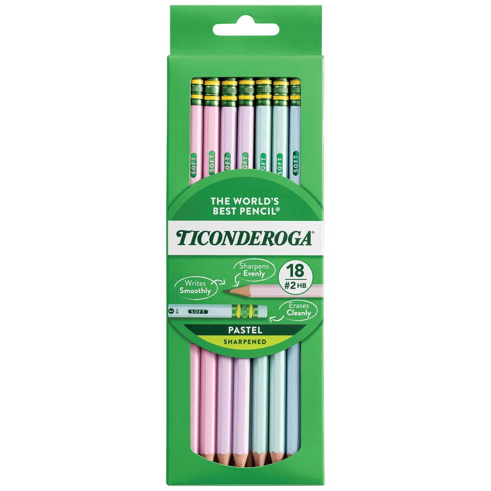 Ticonderoga Wood-Cased Pencils, Pre-Sharpened, 2 Hb Soft, Pastel Colors, 18 Count