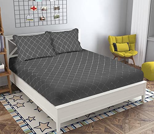 TrendRoad Glace Cotton Multi Check Print Fitted Bedsheet| Pack of 1 Double Bedsheet with 2 Pillow Cover| Solid Print, Heavy & Th