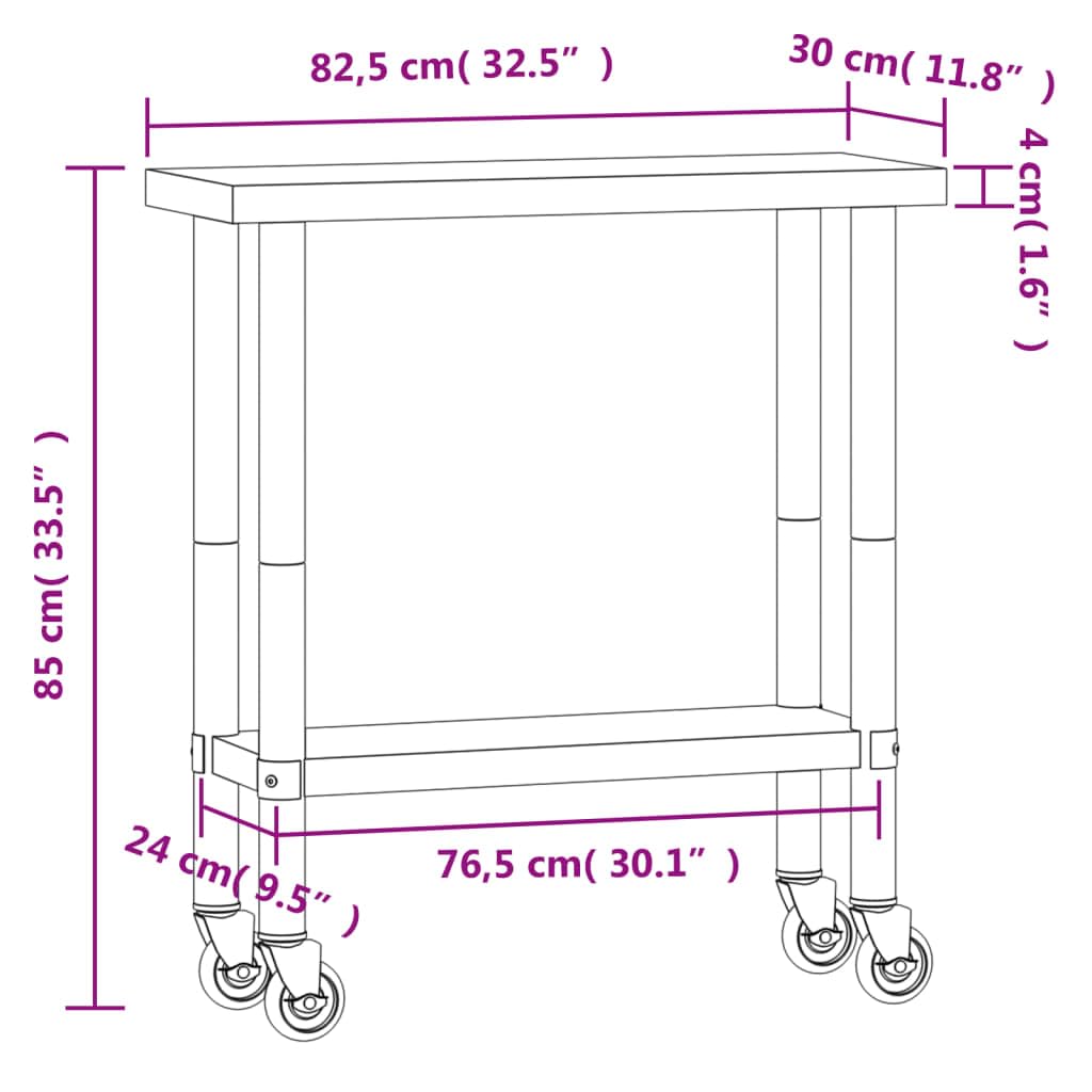 vidaXL Stainless Steel Kitchen Work Table on Wheels - 32.5"x11.8" Prep Space with Adjustable Storage Shelf for Restaurants, Bars, Schools