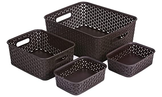 WIDE MART Plastic Royal Baskets for Storage (Brown, Medium, Small and A6 x 2)  Set of 4 Pieces | stylish storage baskets