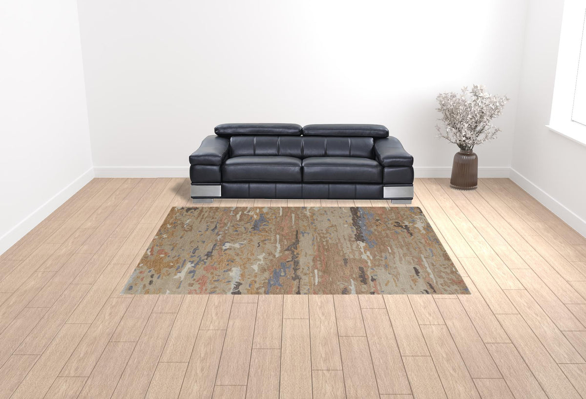 HomeRoots 513610 9 x 12 ft. Tan & Blue Wool Abstract Hand Tufted Handmade Stain Resistant Rectangle Area Rug