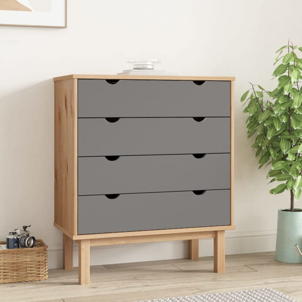 vidaXL Solid Wood Pine Drawer Cabinet OTTA – Scandinavian Style, Brown & Gray, Ample Storage Space, Stable Frame, with Wall Attachment Device