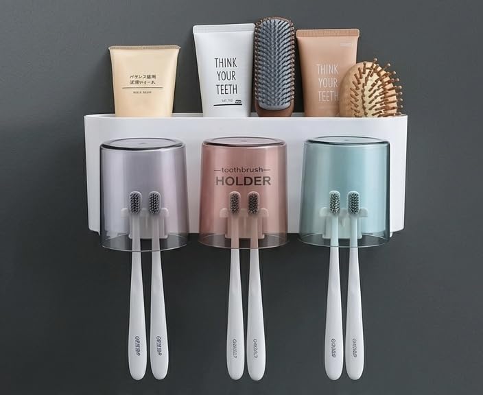 WallMounted Toothbrush Holder With Storage Shelf And 3 Cups, Bathroom Organiser