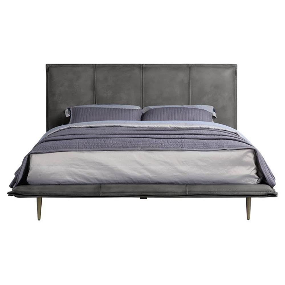 Acme Metis Top Grain Leather Upholstered Queen Bed with Metal Legs in Gray