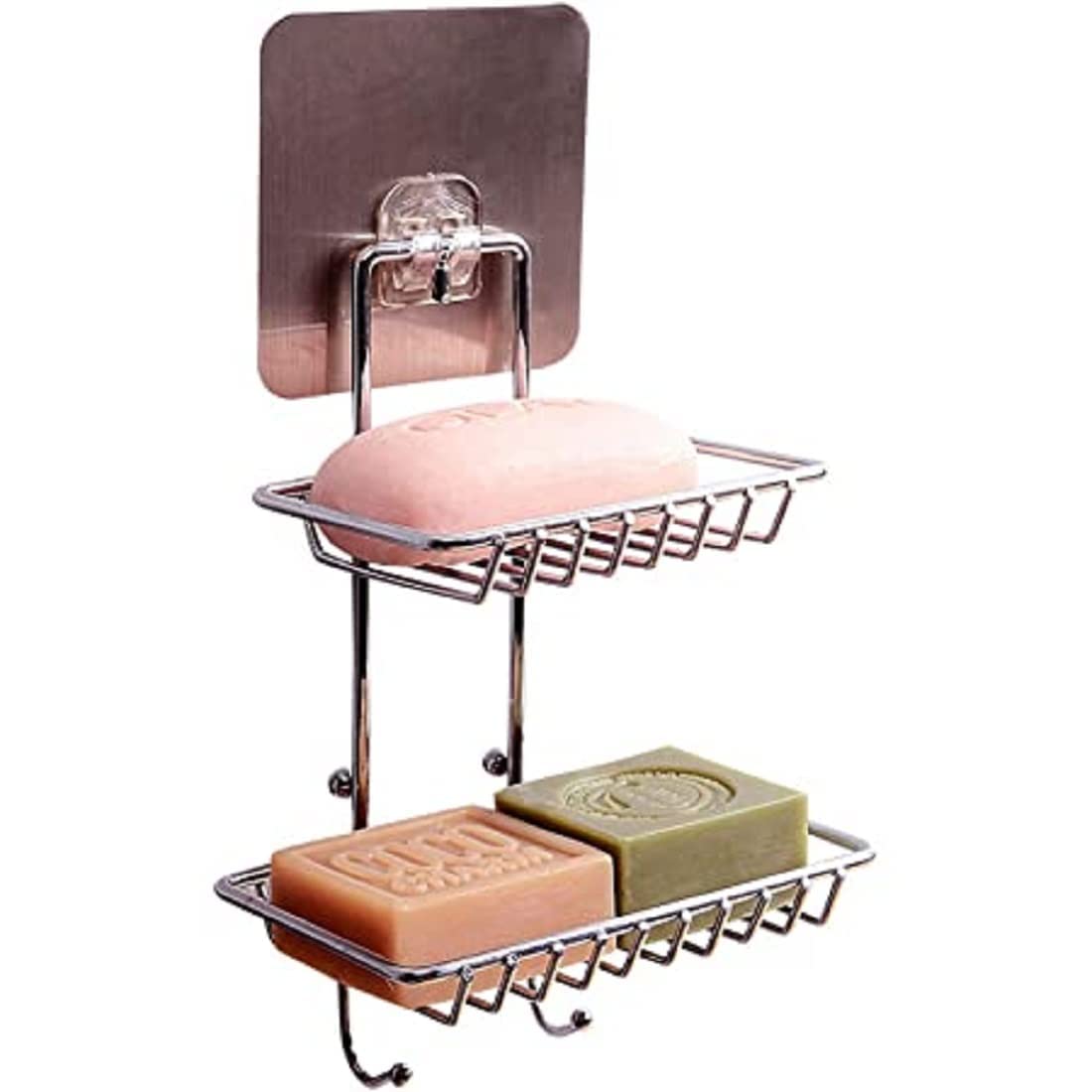 Zoxito 2 Layer Stand with 2 Hook,Wall Mounting Double Layer Soap Dish Holder& Dispenser, Self Adhesive Stainless Steel Waterproo