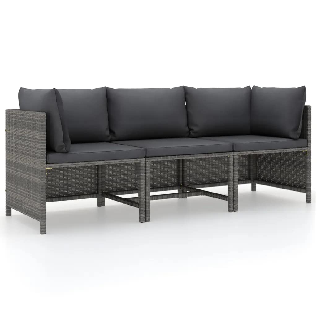 vidaXL 3Seater Patio Sofa with Cushions Gray Poly Rattan