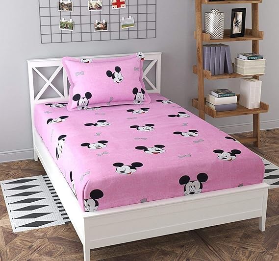 Rosealia Kids Cartoon Fitted Bedsheet With Pillow Cover  Soft Cotton Blend Single Bed Sheet (36 X 78 X 8 Inches) | Elastic All