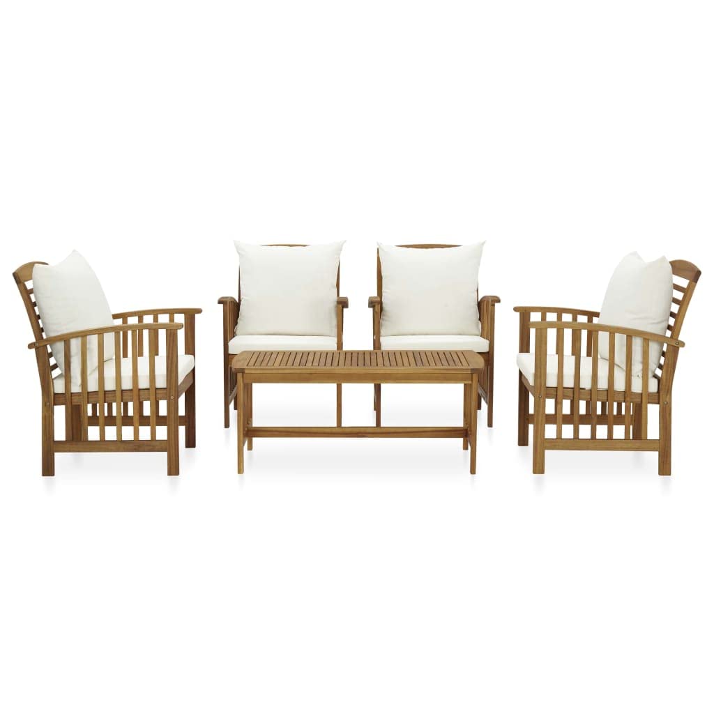 vidaXL 5 Piece Patio Lounge Set with Acacia Wood Construction, Cream White Cushions, Spacious Table & Comfortable Seating - Outdoor Garden Furniture