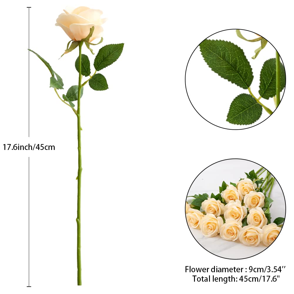 Helera 12Pcs Champagne Roses Artificial Silk Flowers Faux Flowers With Long Stems For Wedding Decor Home Decor Baby Shower Party