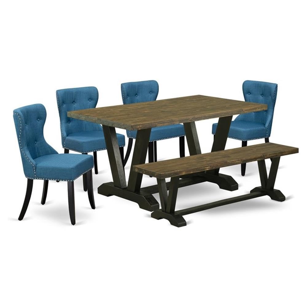 East West Furniture V676Si121-6 6 Piece Dining Set Contains A Rectangle Dining Room Table With V-Legs And 4 Blue Linen Fabric Upholstered Chairs With A Bench, 36X60 Inch, Multi-Color