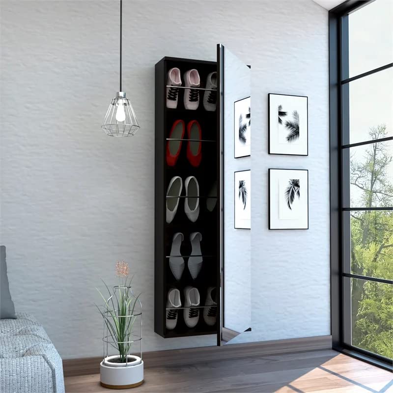 HomeRoots Stylish Black Wengue Wall Mounted Shoe Rack with Mirror