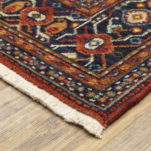 HomeRoots 509219 8 x 11 ft. Red Blue Ivory & Orange Oriental Power Loom Stain Resistant Rectangle Area Rug with Fringe