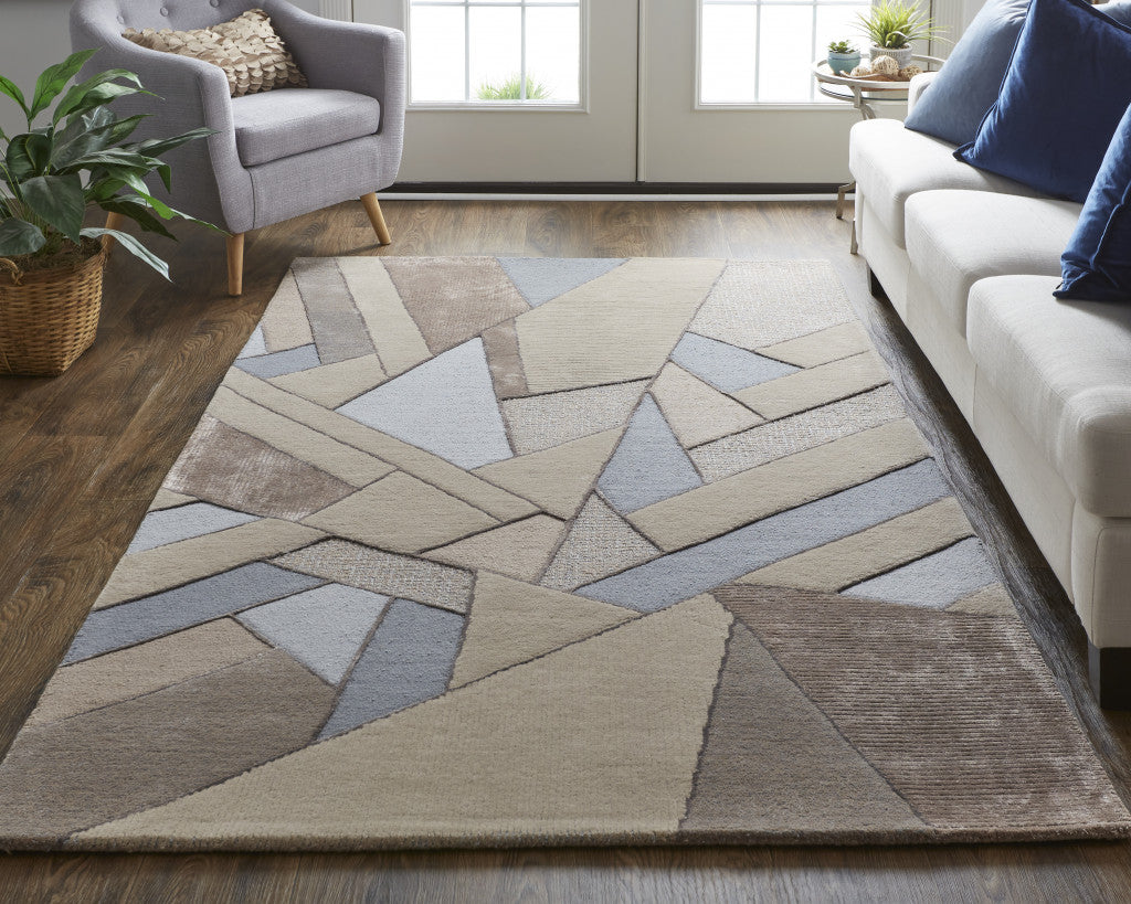 HomeRoots 514599 8 x 10 ft. Tan Brown & Blue Wool Geometric Hand Tufted Handmade Rectangle Area Rug