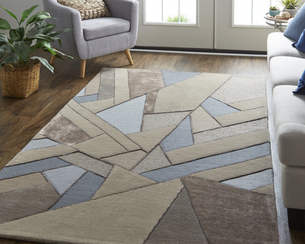 HomeRoots 514599 8 x 10 ft. Tan Brown & Blue Wool Geometric Hand Tufted Handmade Rectangle Area Rug