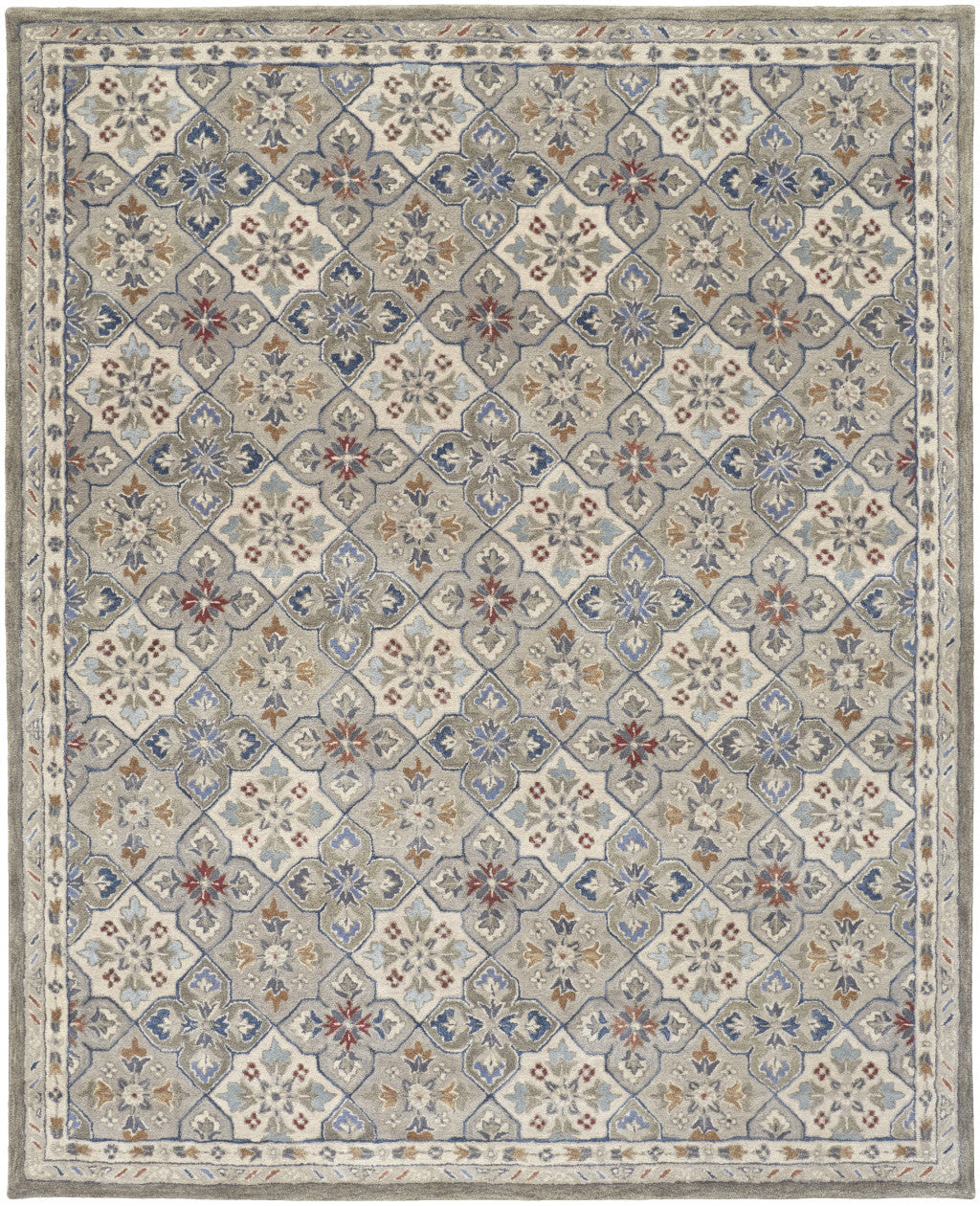 HomeRoots 514801 9 x 12 ft. Taupe Ivory & Red Wool Patchwork Hand Tufted Handmade Stain Resistant Rectangle Area Rug